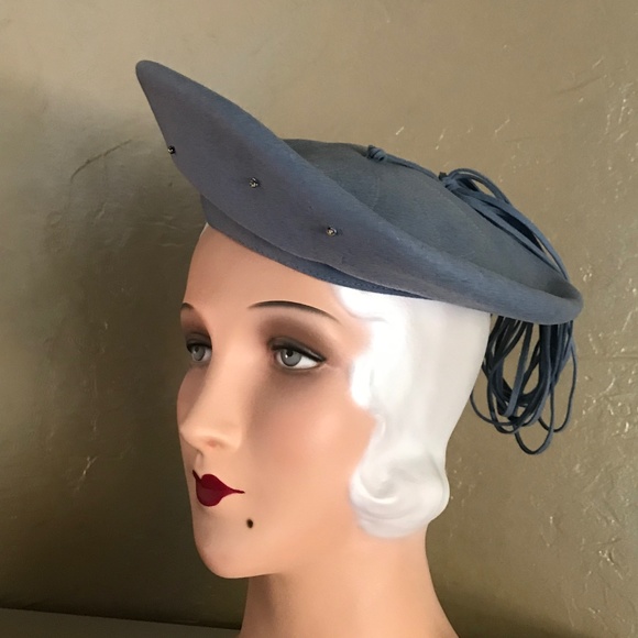 SASSY 1940s' LIGHT BLUE FELT TILT HAT WITH RHINESTONES,& MATCHING TASSELS
